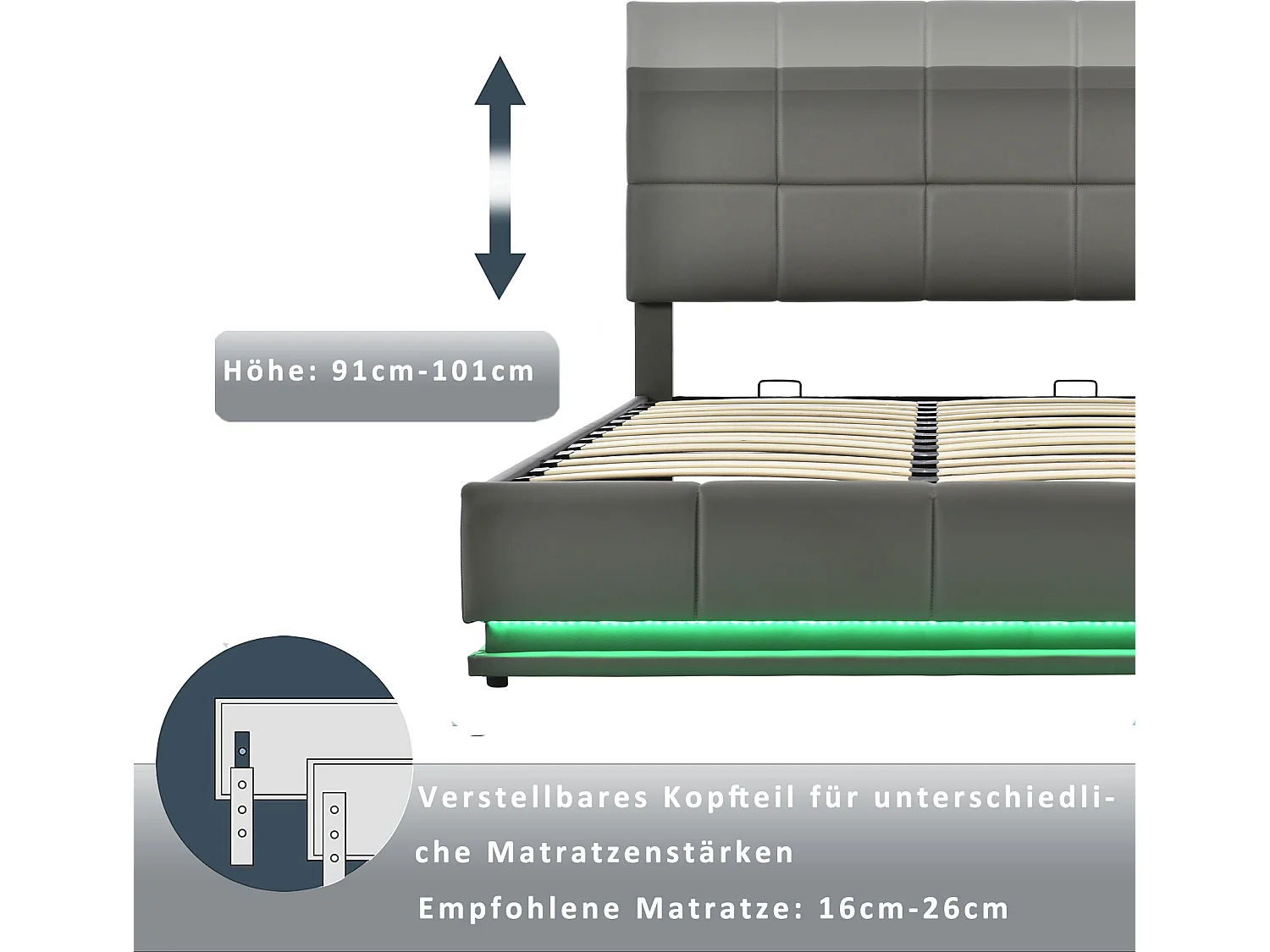 Lit coffre avec tête de lit réglable - 160 x 200 cm - cuir PU - LEDs - coloris gris