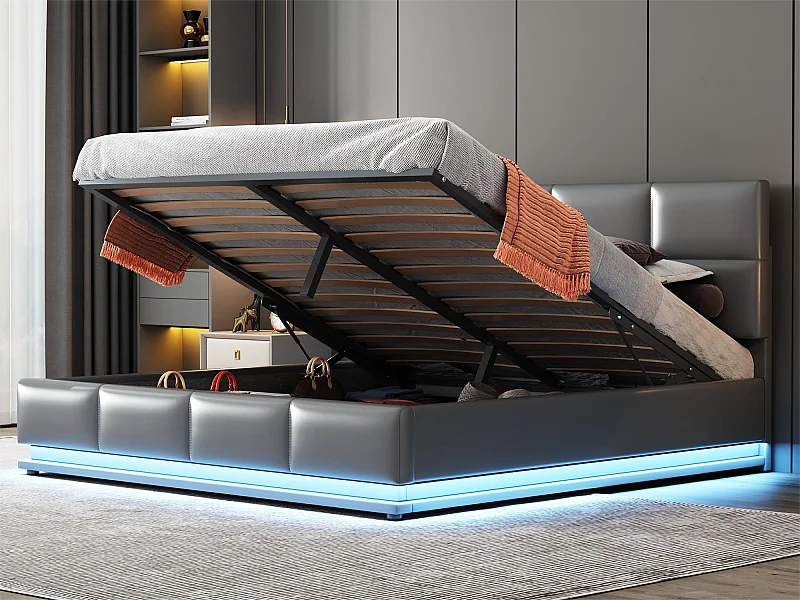 Stauraumbett mit verstellbarem Kopfteil – 160 x 200 cm – PU-Leder – LEDs – graue Farbe