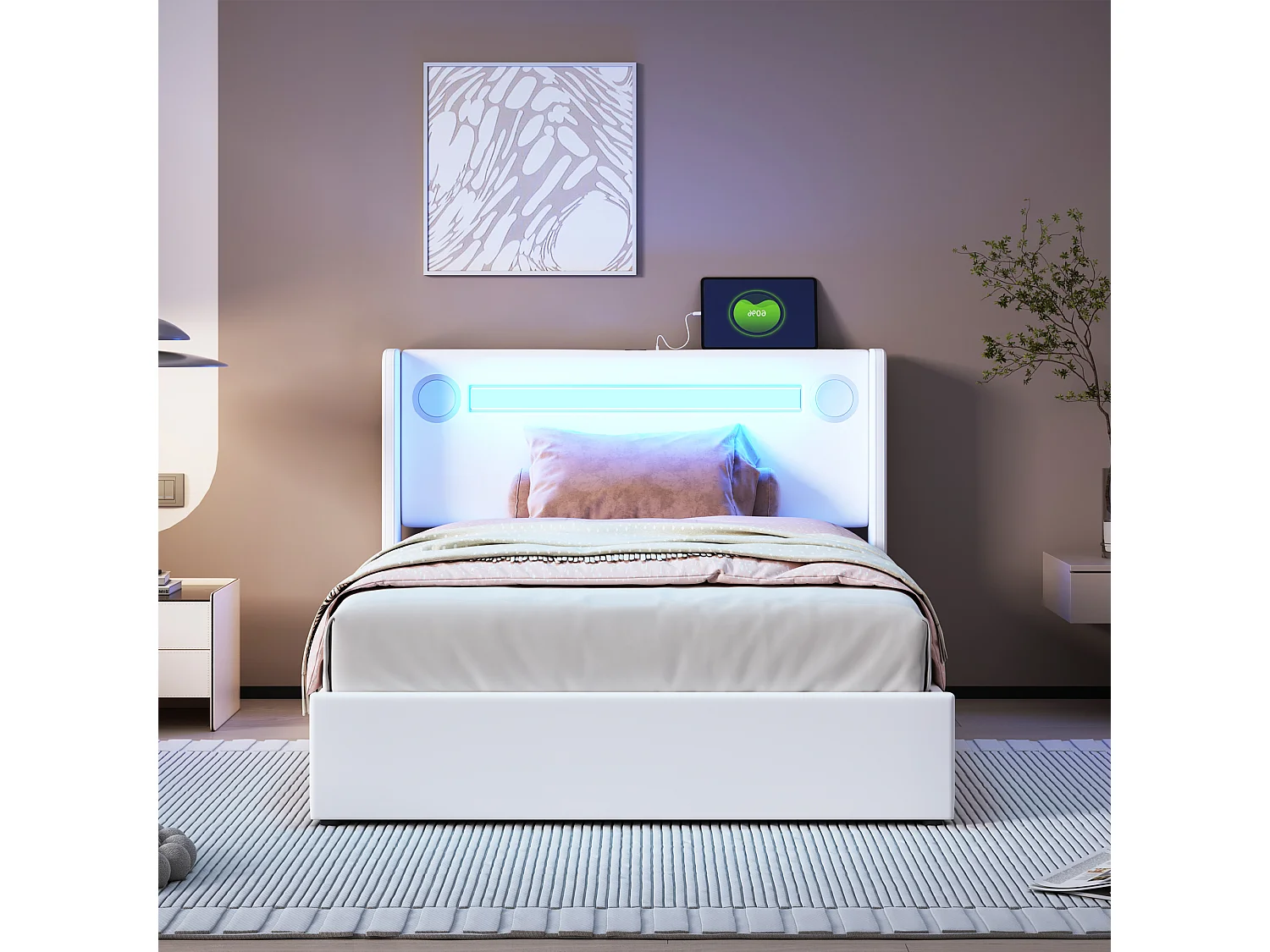 Lit coffre 90 x 200 cm - cuir PU - LEDs, bluetooth et prise USB - coloris blanc