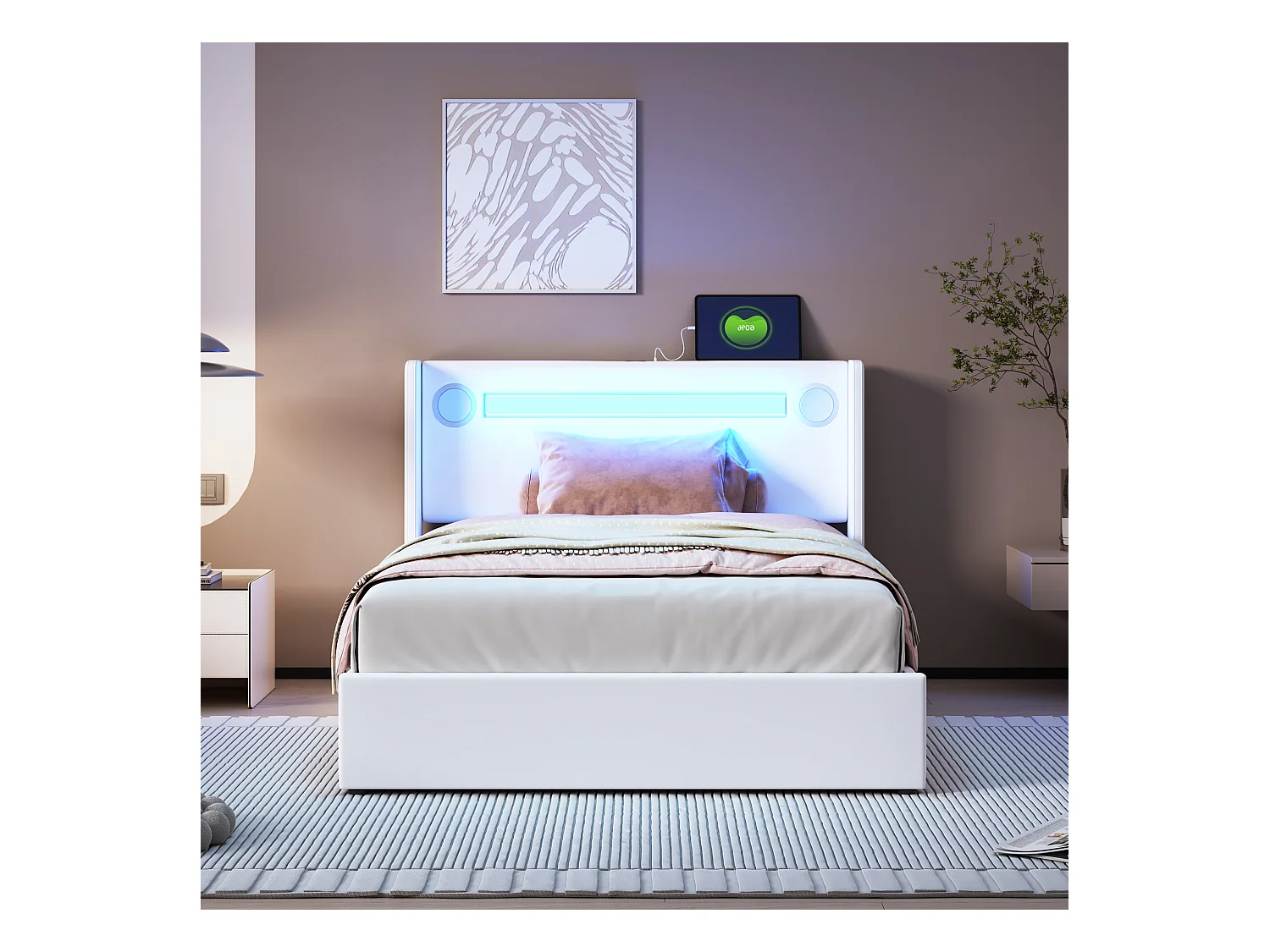 Lit coffre 90 x 200 cm - cuir PU - LEDs, bluetooth et prise USB - coloris blanc