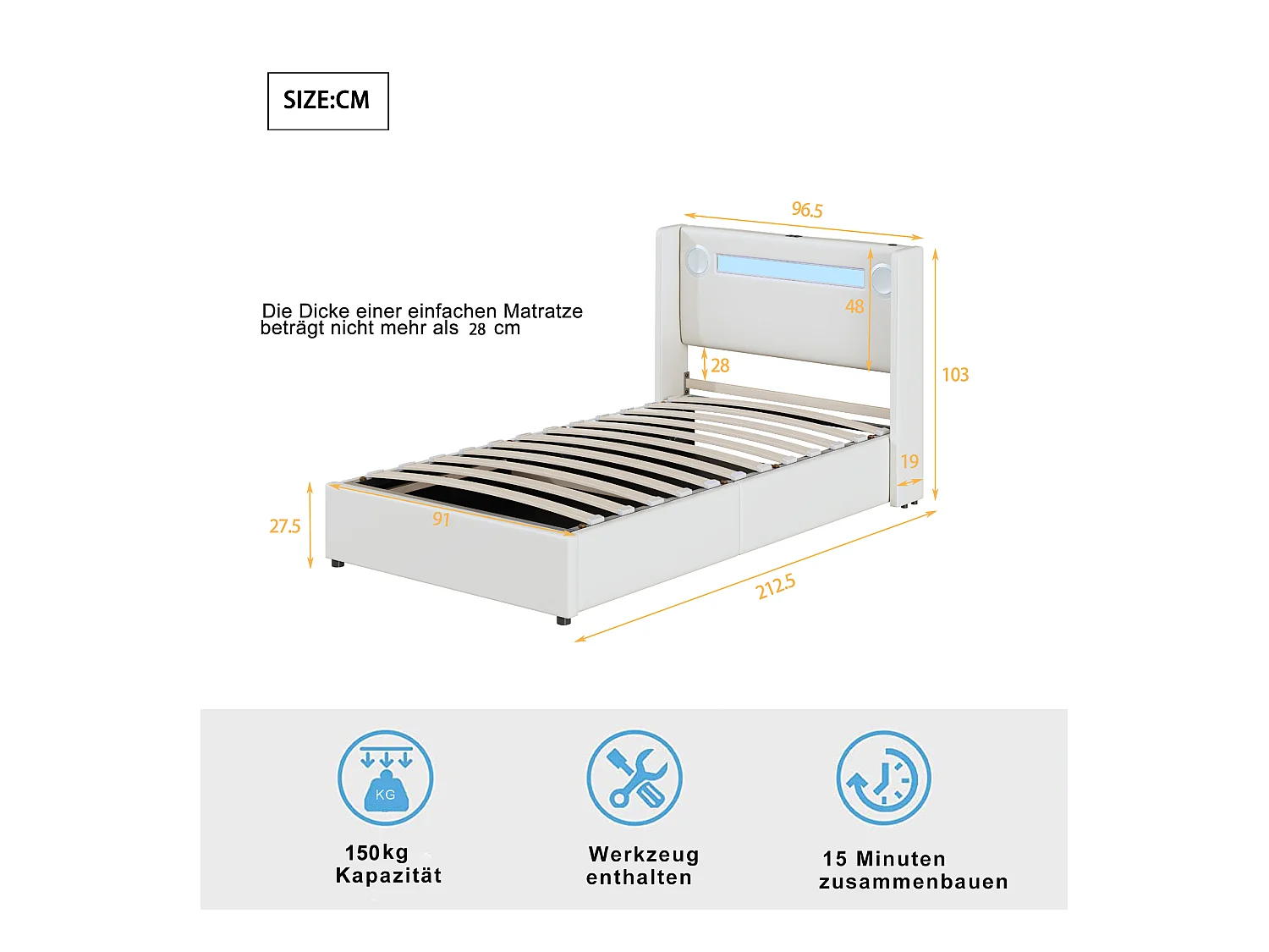 Lit coffre 90 x 200 cm - cuir PU - LEDs, bluetooth et prise USB - coloris blanc