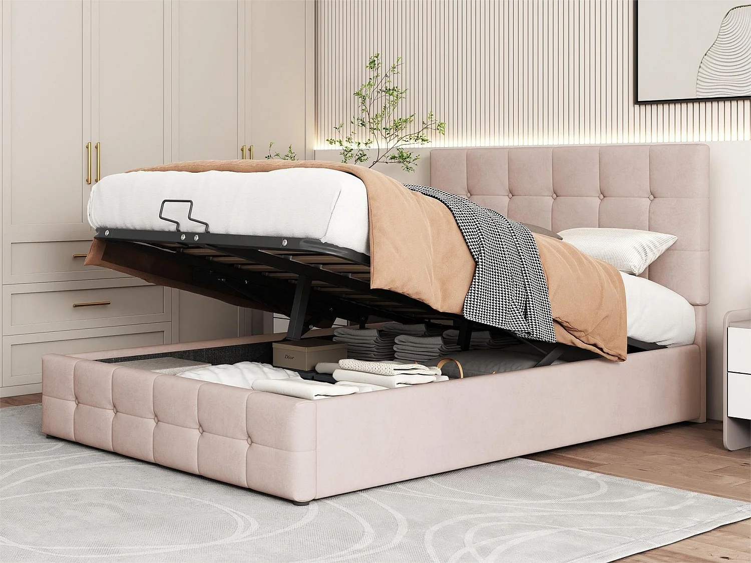 Opbergbed 140x200cm - fluweel - verstelbaar hoofdeinde - beige kleur