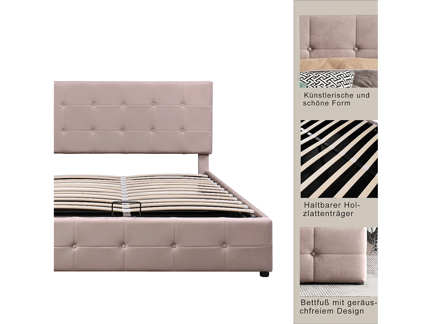 Opbergbed 140x200cm - fluweel - verstelbaar hoofdeinde - beige kleur