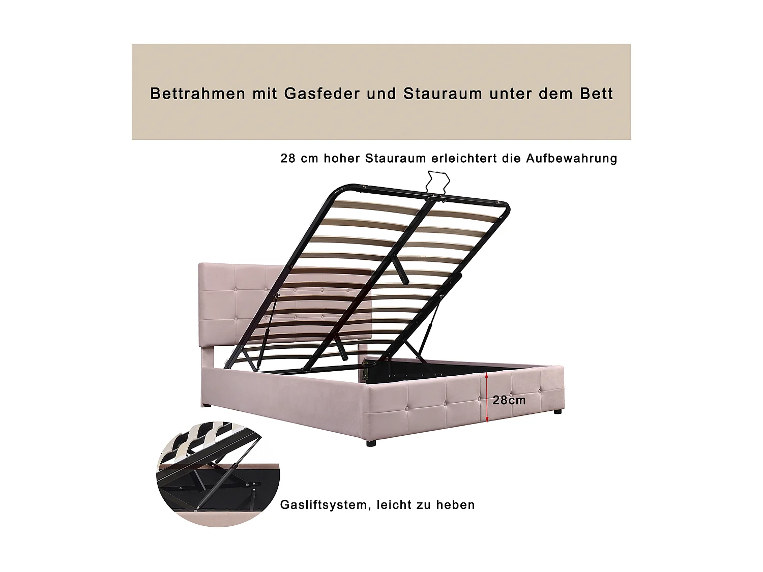 Opbergbed 140x200cm - fluweel - verstelbaar hoofdeinde - beige kleur