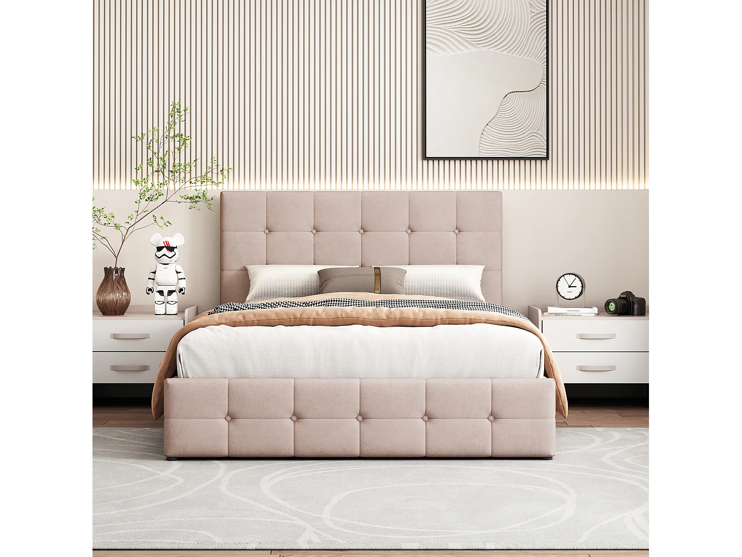 Opbergbed 140x200cm - fluweel - verstelbaar hoofdeinde - beige kleur