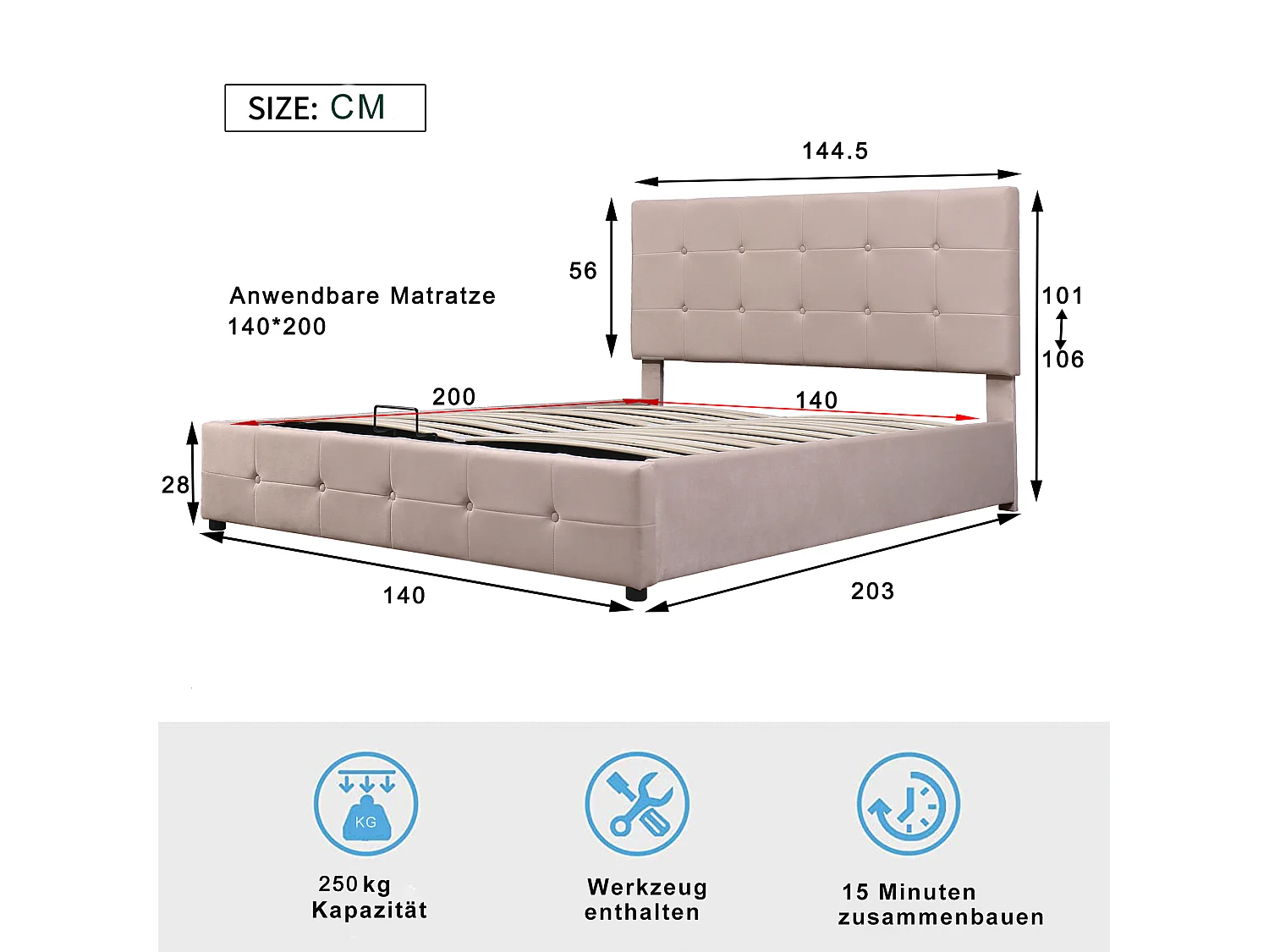 Opbergbed 140x200cm - fluweel - verstelbaar hoofdeinde - beige kleur