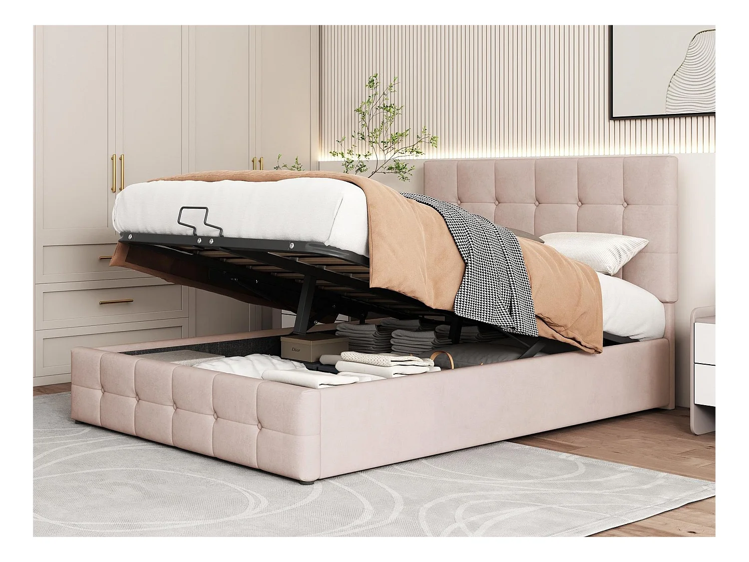 Opbergbed 140x200cm - fluweel - verstelbaar hoofdeinde - beige kleur