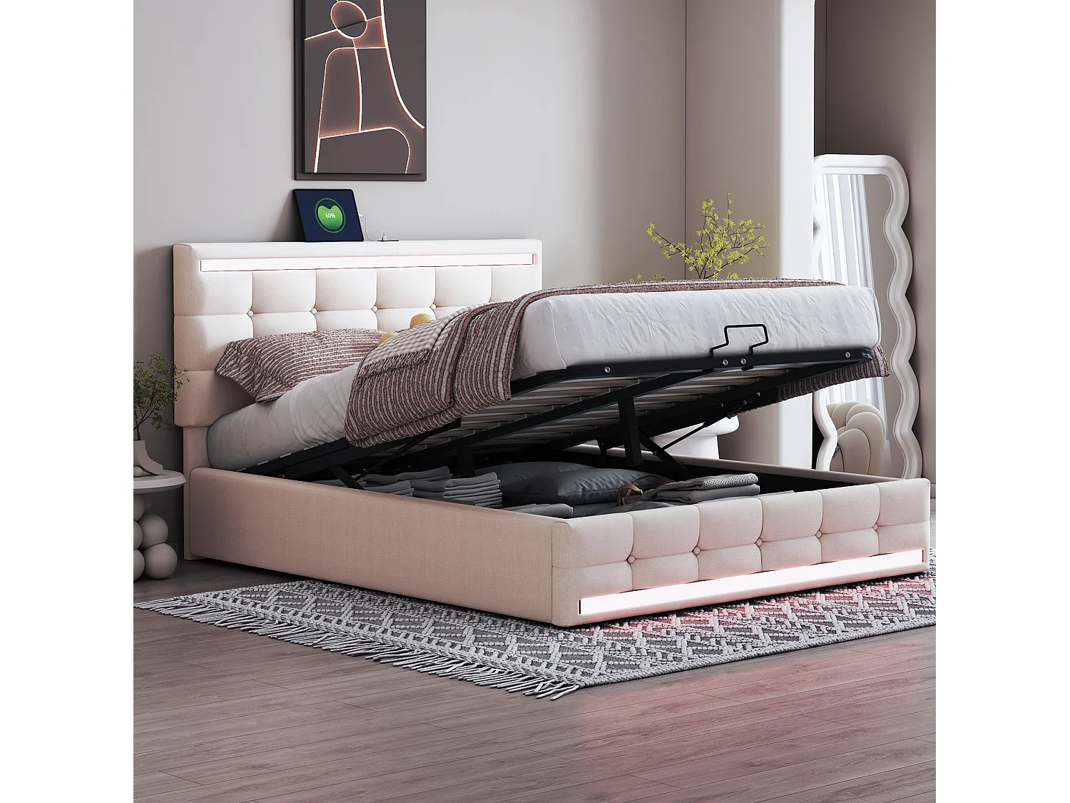 Cama con cabecero ajustable y canapé - 140 x 200 cm - tejido de lino - LED y puerto USB - color beige