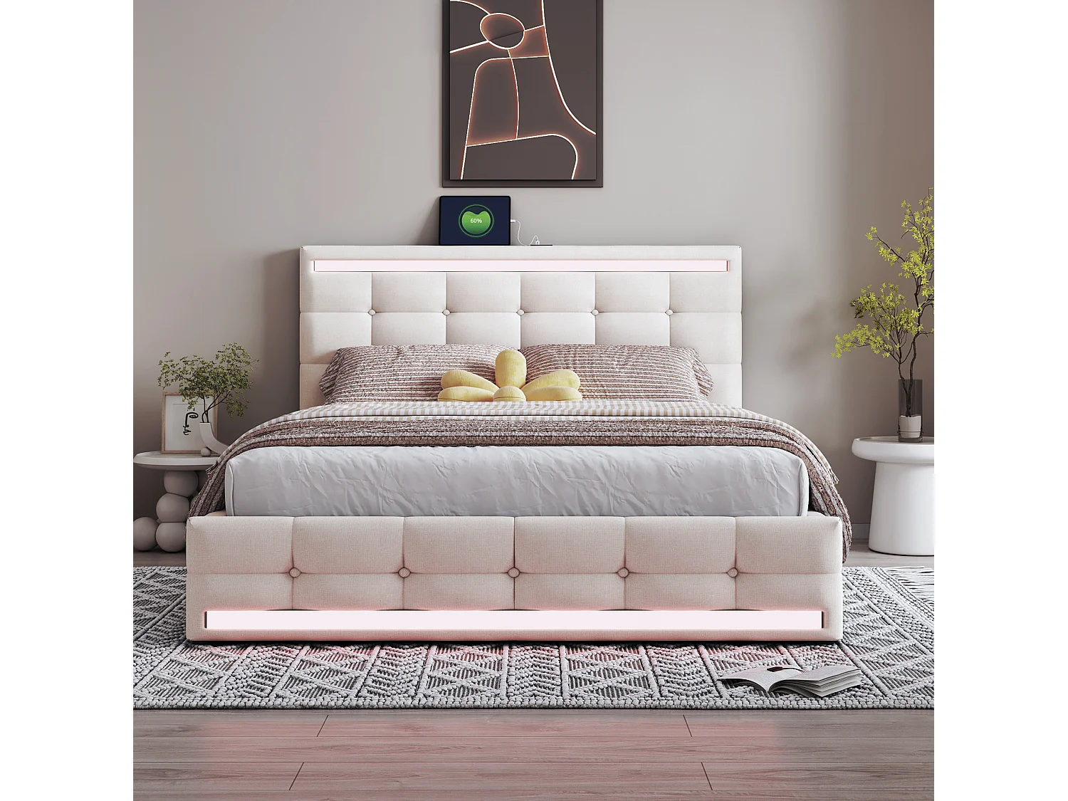 Cama con cabecero ajustable y canapé - 140 x 200 cm - tejido de lino - LED y puerto USB - color beige