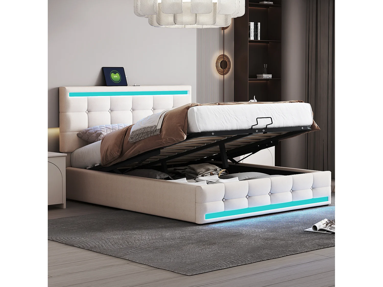 Cama con cabecero ajustable y canapé - 140 x 200 cm - tejido de lino - LED y puerto USB - color beige