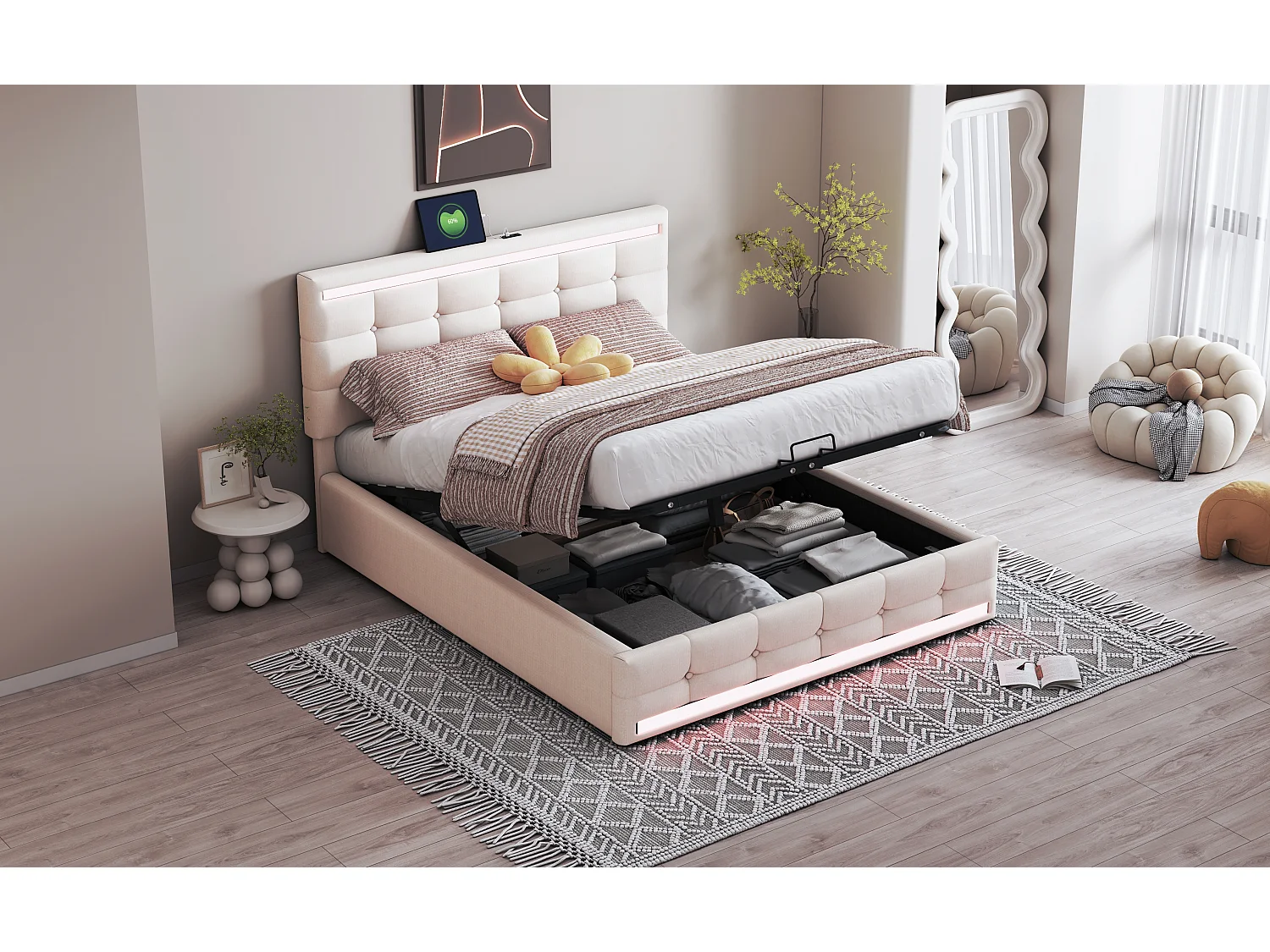 Cama con cabecero ajustable y canapé - 140 x 200 cm - tejido de lino - LED y puerto USB - color beige