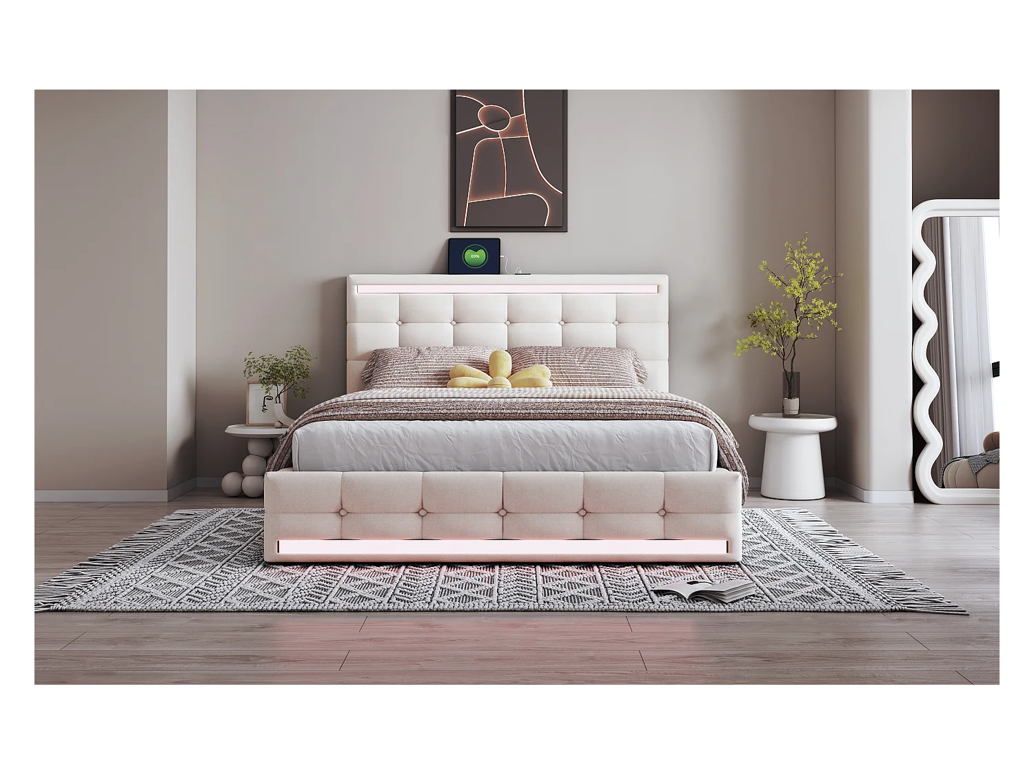 Lit coffre avec tête de lit réglable - 140 x 200 cm - tissu lin - LEDs et prise USB - coloris beige