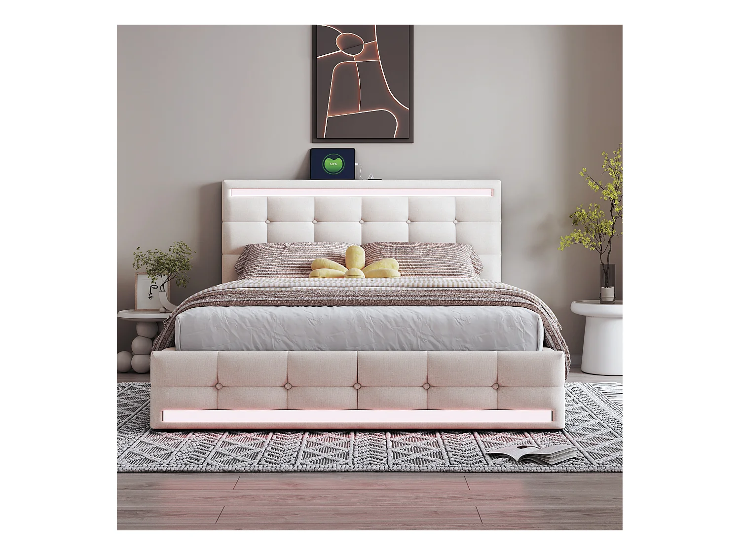 Lit coffre avec tête de lit réglable - 140 x 200 cm - tissu lin - LEDs et prise USB - coloris beige