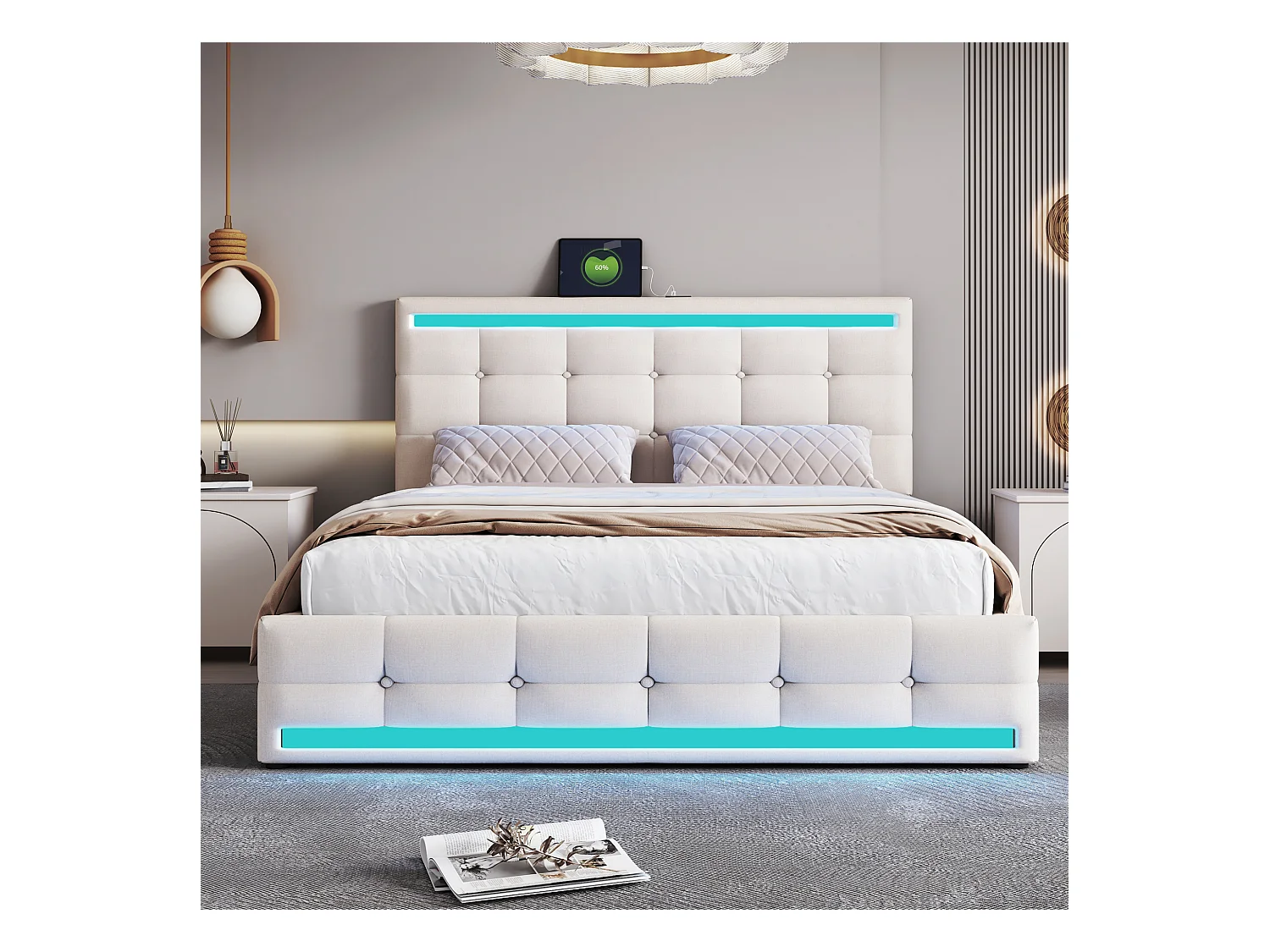 Lit coffre avec tête de lit réglable - 140 x 200 cm - tissu lin - LEDs et prise USB - coloris beige