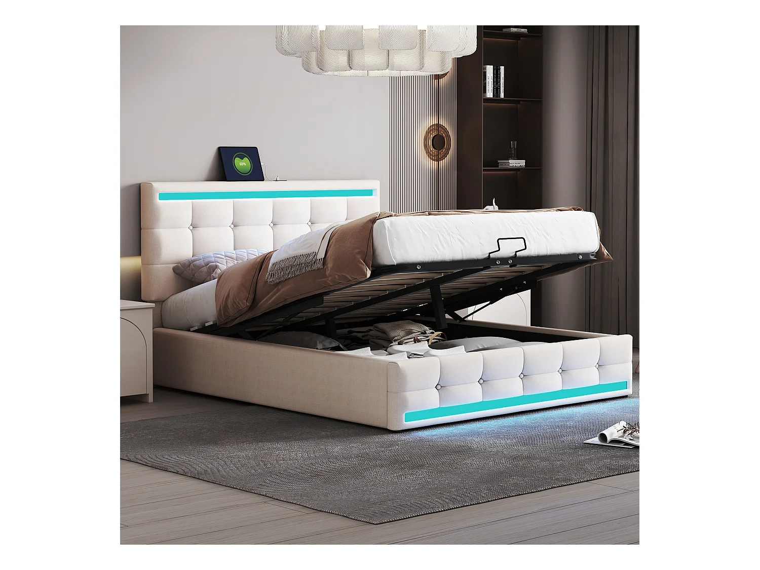 Lit coffre avec tête de lit réglable - 140 x 200 cm - tissu lin - LEDs et prise USB - coloris beige