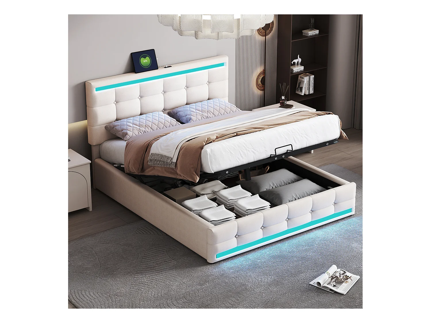 Lit coffre avec tête de lit réglable - 140 x 200 cm - tissu lin - LEDs et prise USB - coloris beige