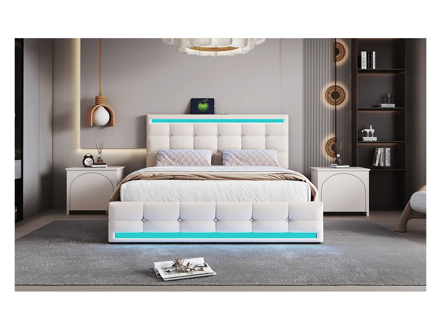 Lit coffre avec tête de lit réglable - 140 x 200 cm - tissu lin - LEDs et prise USB - coloris beige