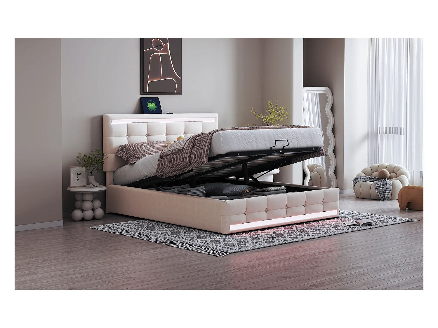 Lit coffre avec tête de lit réglable - 140 x 200 cm - tissu lin - LEDs et prise USB - coloris beige