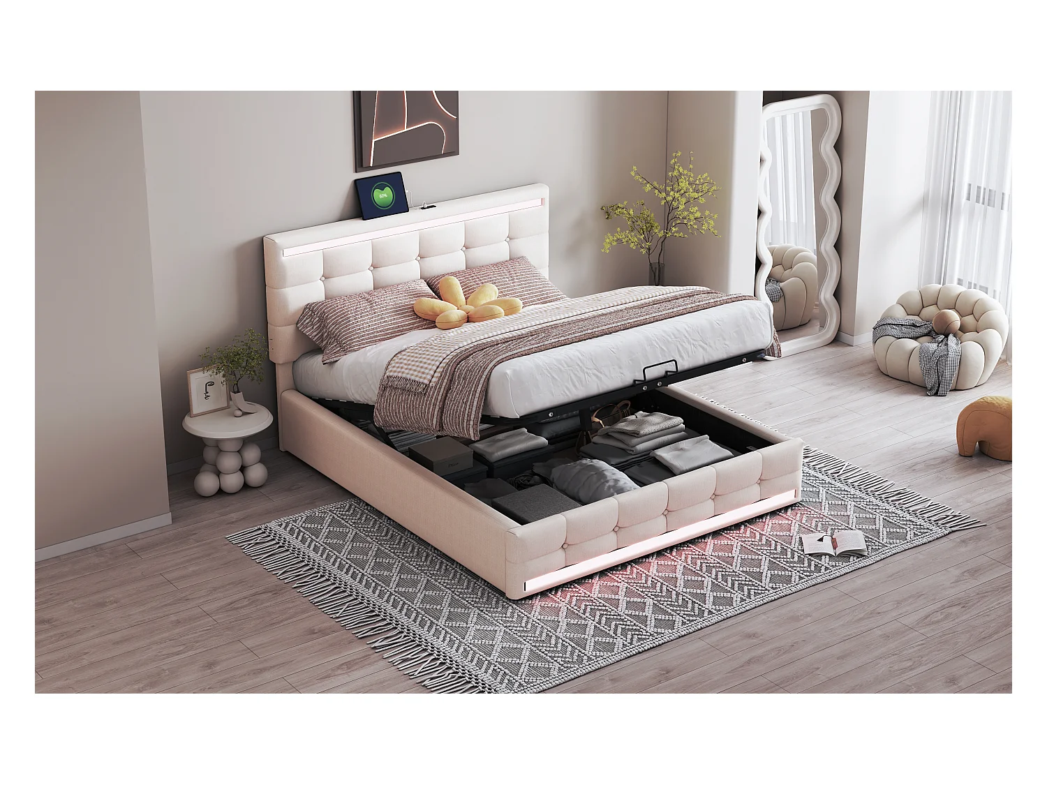 Lit coffre avec tête de lit réglable - 140 x 200 cm - tissu lin - LEDs et prise USB - coloris beige