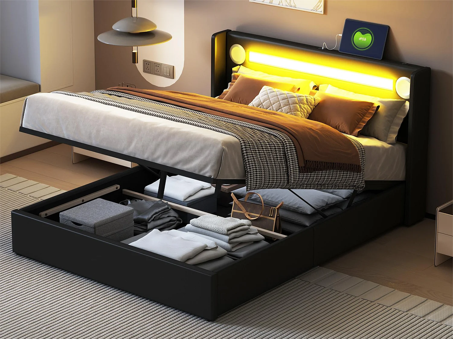 Lit coffre 140 x 200 cm - cuir PU - LEDs, bluetooth et prise USB - coloris noir