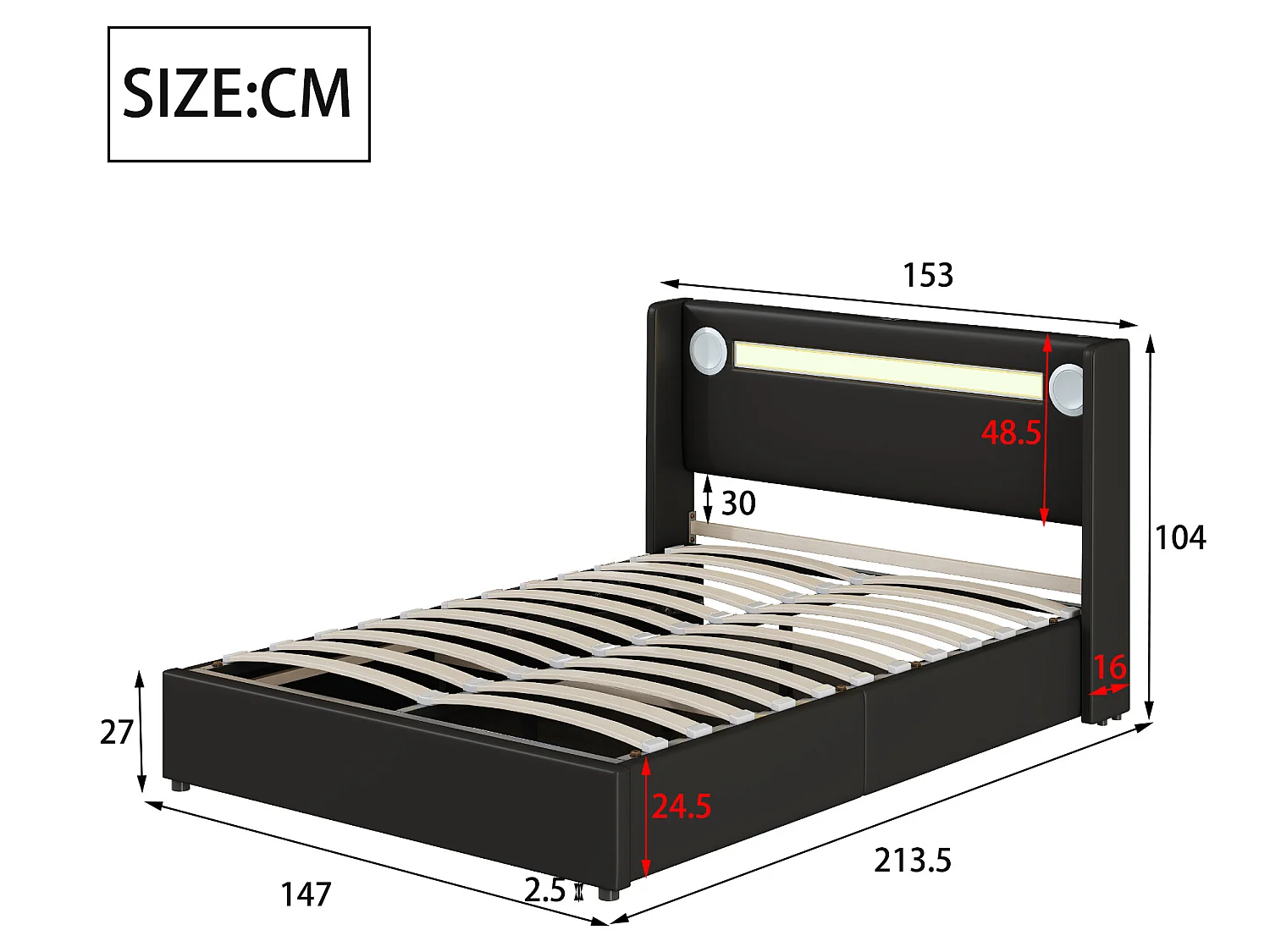 Lit coffre 140 x 200 cm - cuir PU - LEDs, bluetooth et prise USB - coloris noir