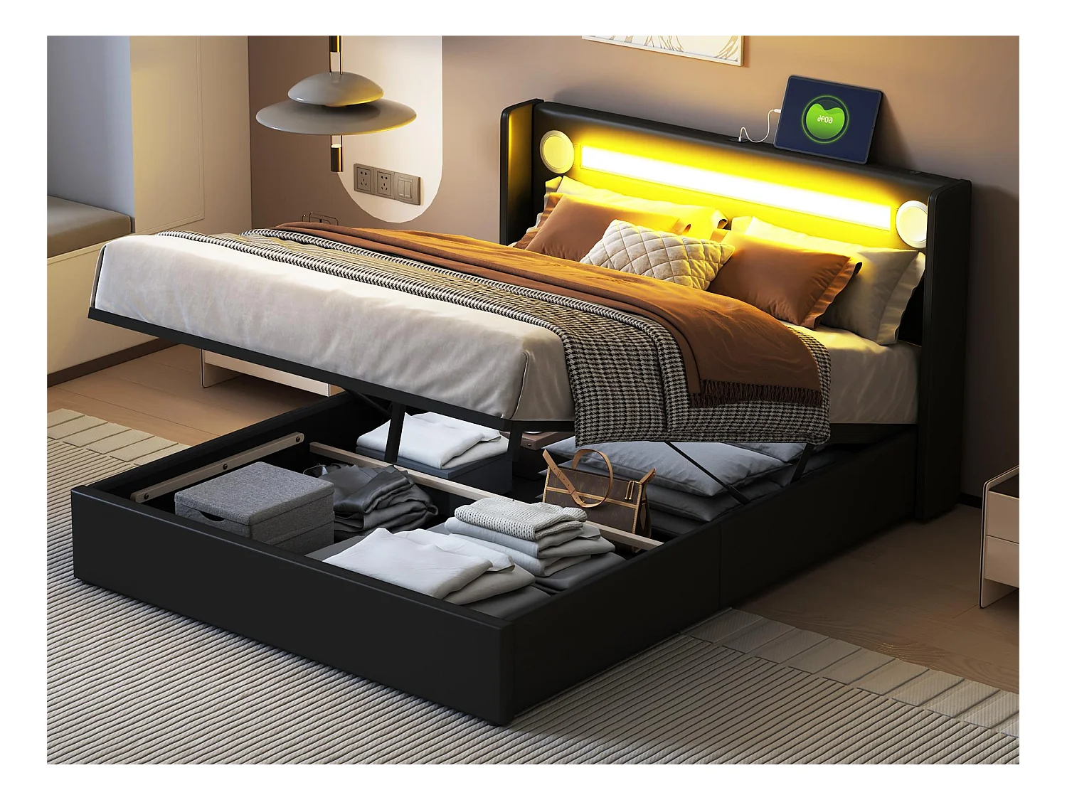 Lit coffre 140 x 200 cm - cuir PU - LEDs, bluetooth et prise USB - coloris noir