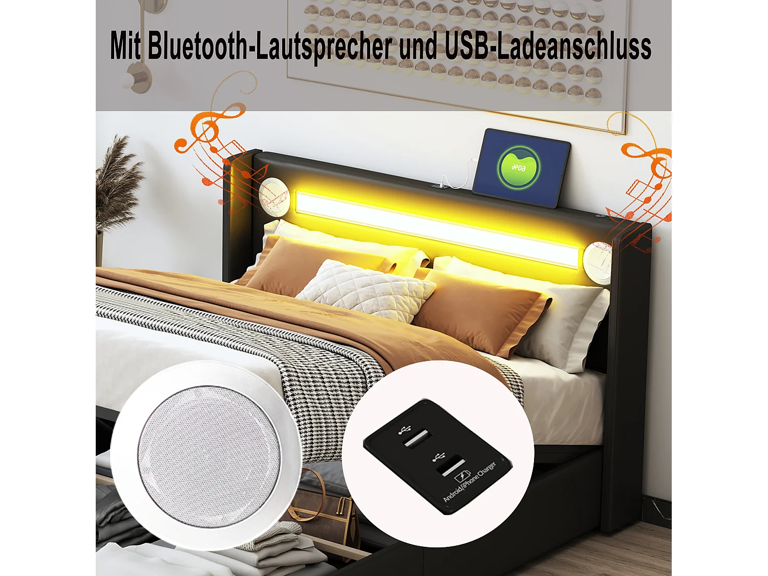 Lit coffre 140 x 200 cm - cuir PU - LEDs, bluetooth et prise USB - coloris noir