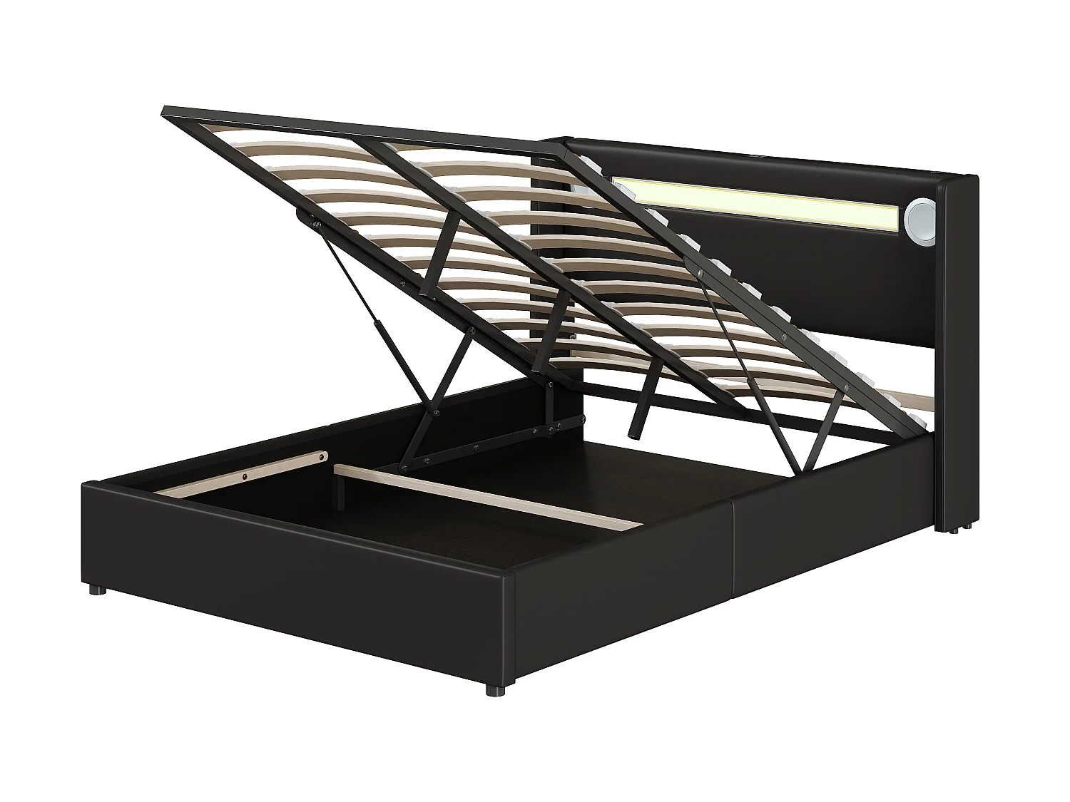 Lit coffre 140 x 200 cm - cuir PU - LEDs, bluetooth et prise USB - coloris noir