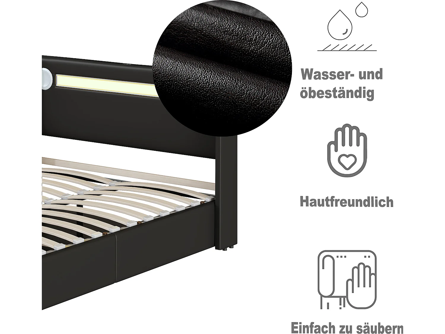 Lit coffre 140 x 200 cm - cuir PU - LEDs, bluetooth et prise USB - coloris noir