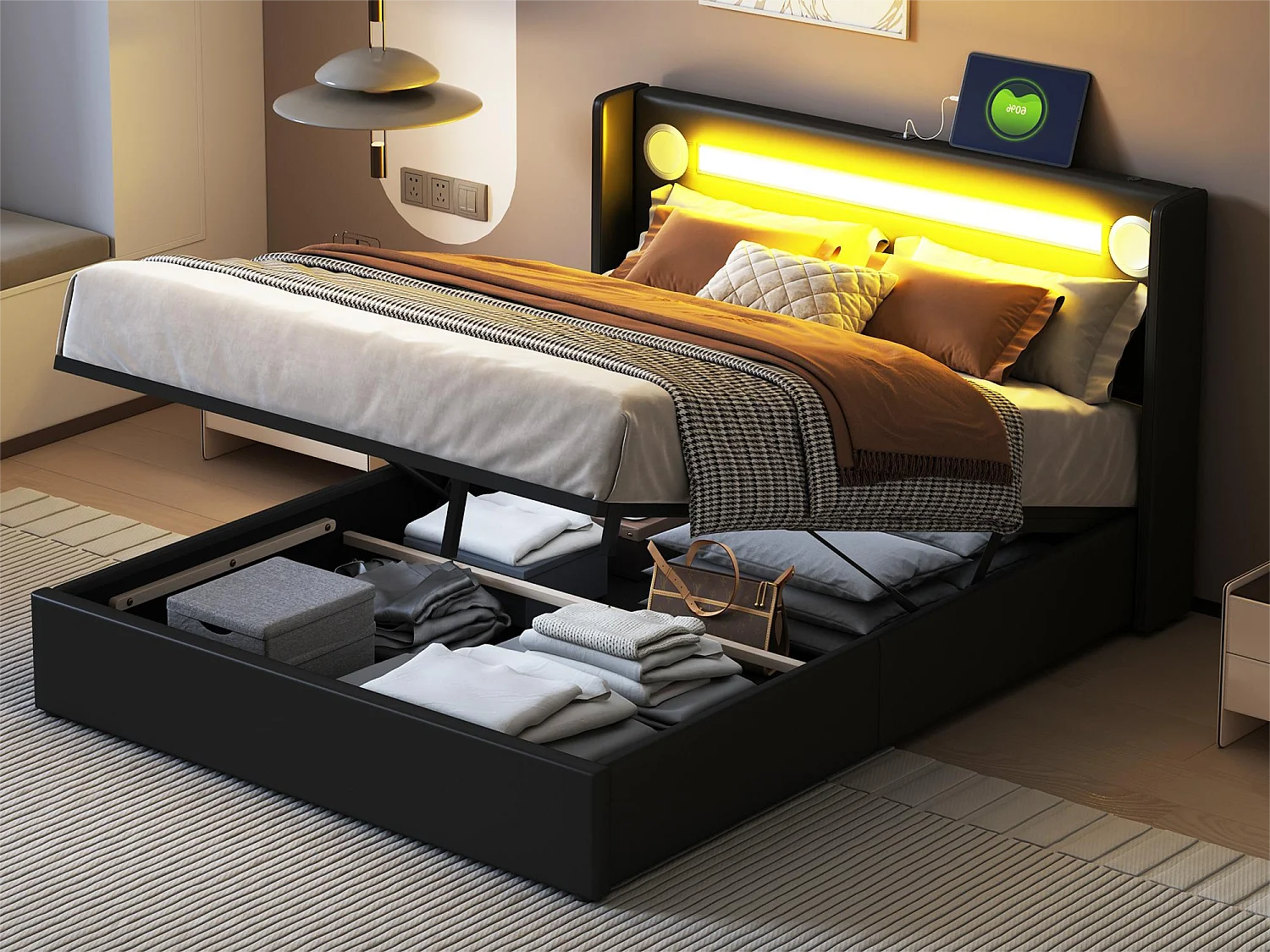 Lit coffre 140 x 200 cm - cuir PU - LEDs, bluetooth et prise USB - coloris noir