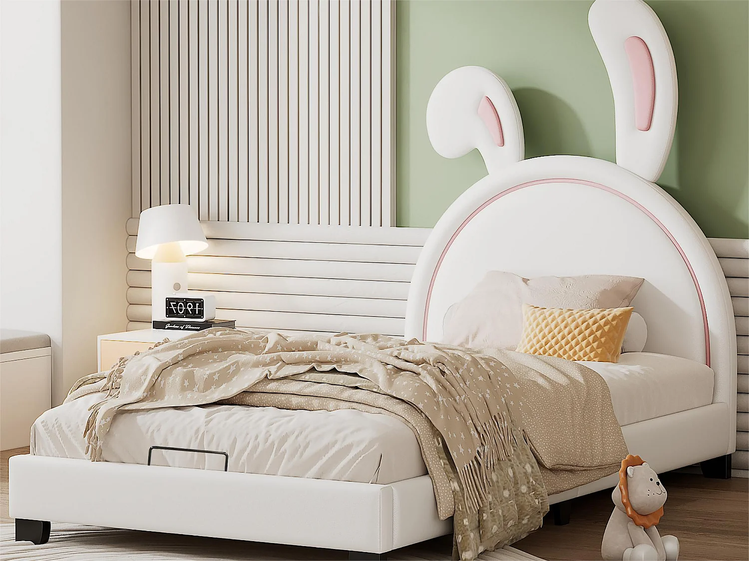 Lit coffre avec tête de lit lapin - 90 x 200cm - cuir PU - pour enfant - coloris blanc