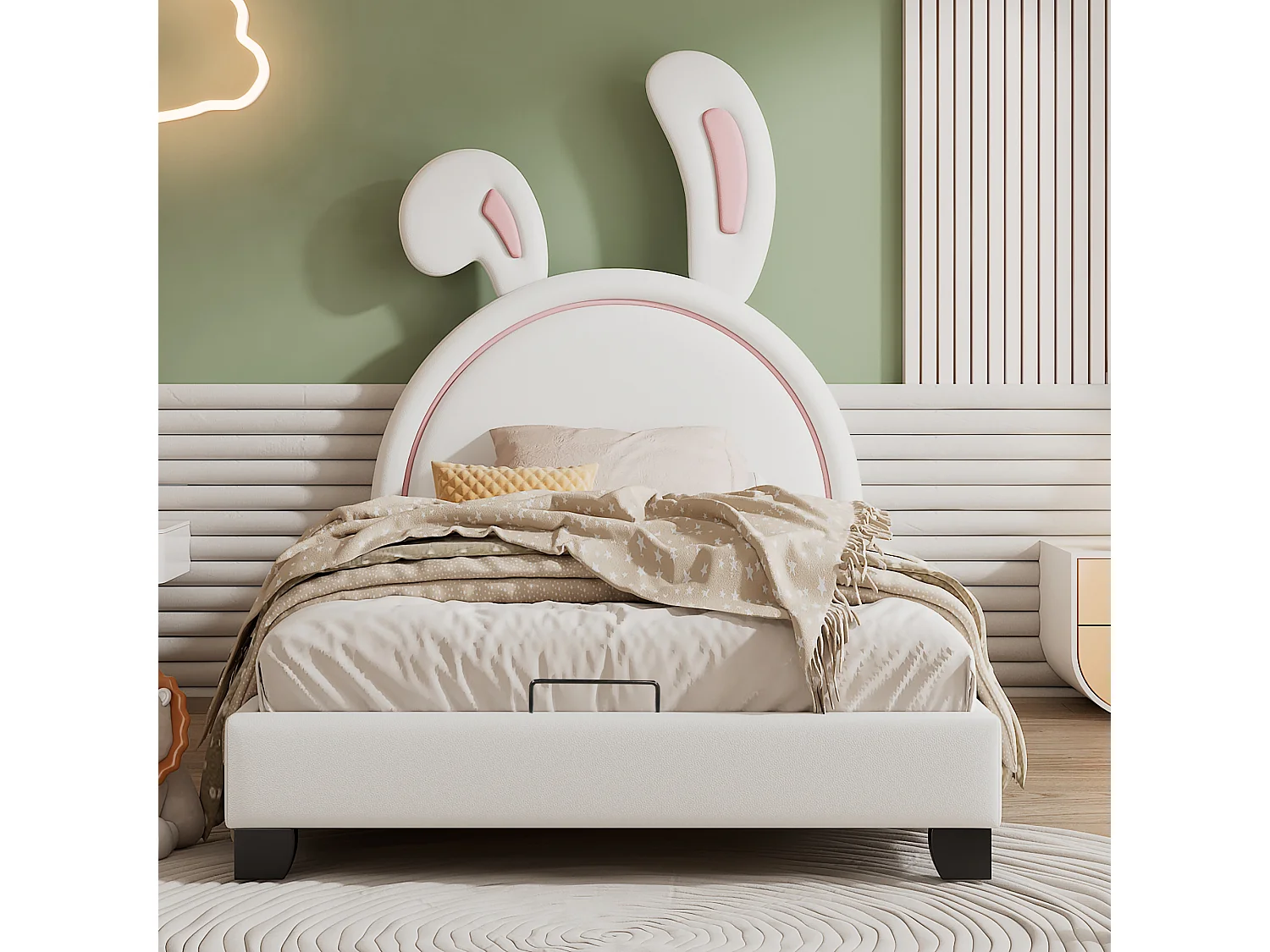 Lit coffre avec tête de lit lapin - 90 x 200cm - cuir PU - pour enfant - coloris blanc