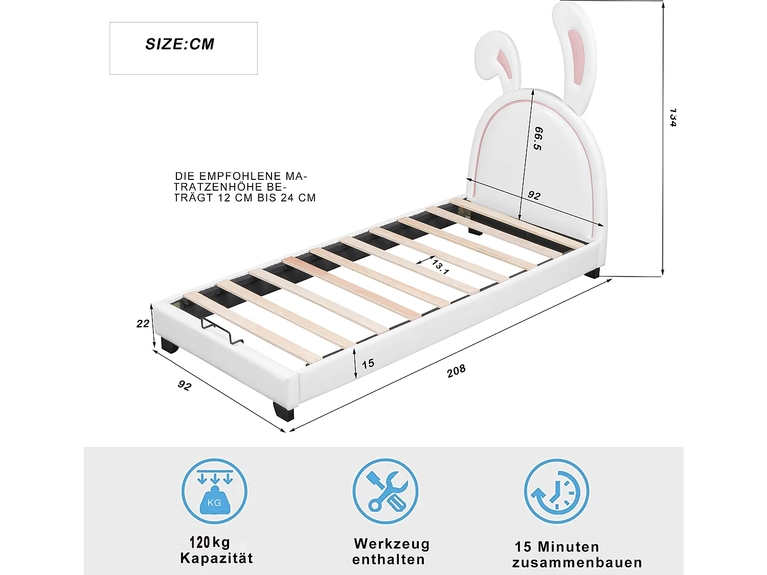 Lit coffre avec tête de lit lapin - 90 x 200cm - cuir PU - pour enfant - coloris blanc