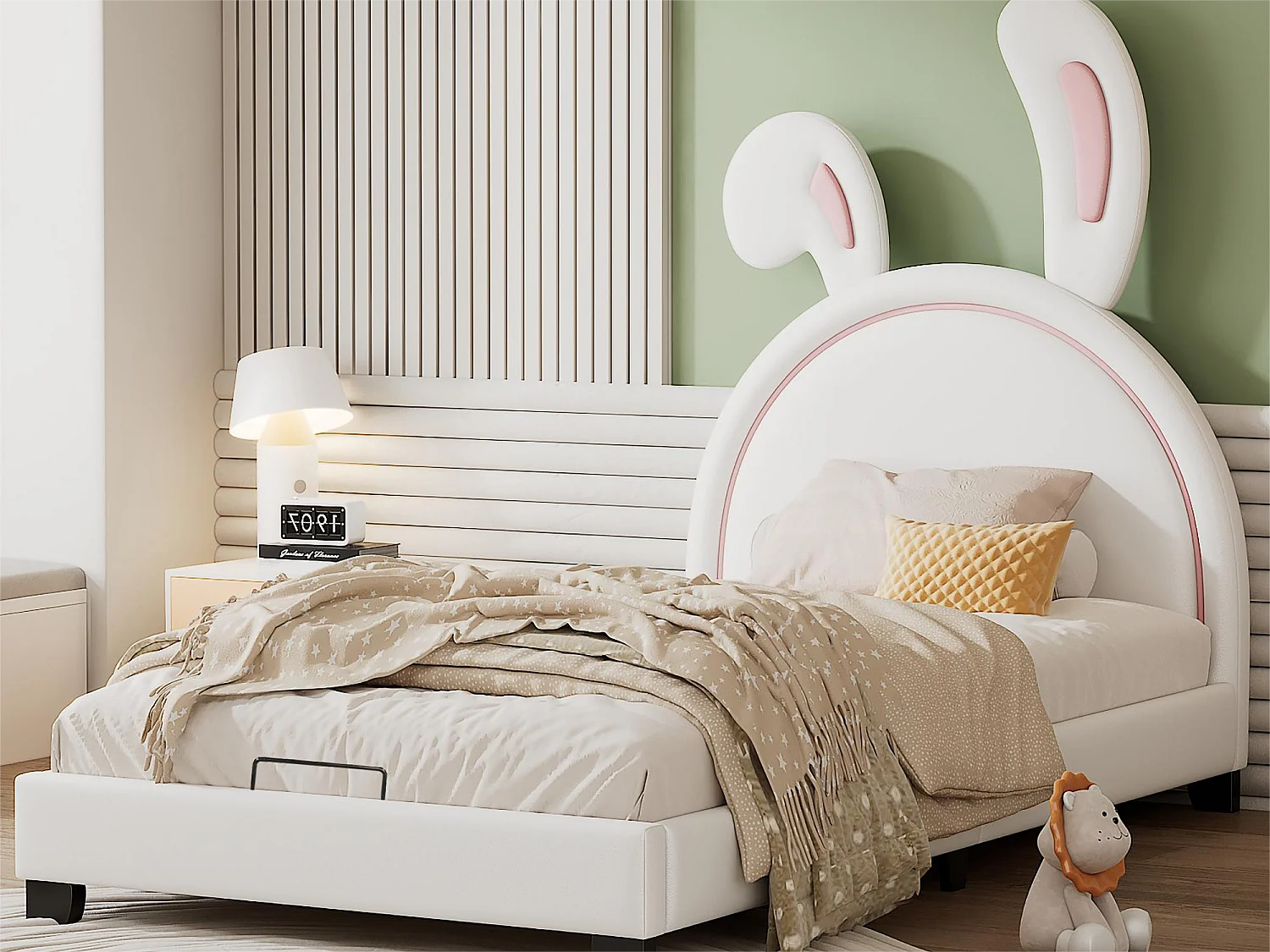 Lit coffre avec tête de lit lapin - 90 x 200cm - cuir PU - pour enfant - coloris blanc