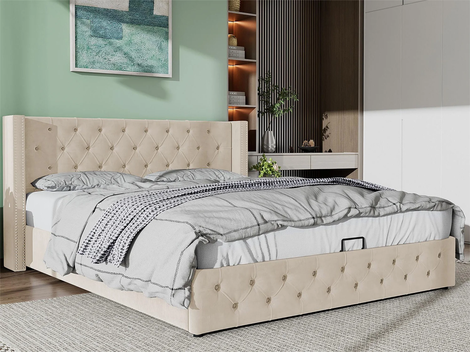 Cama de arrumação 160 x 200 cm, cama de casal estofada em veludo, decoração com rebites e botões, base de ripas, estilo Chesterfield, bege