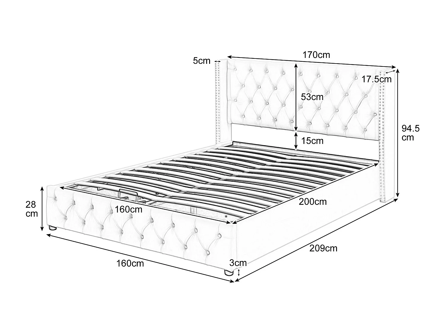Cama de arrumação 160 x 200 cm, cama de casal estofada em veludo, decoração com rebites e botões, base de ripas, estilo Chesterfield, bege