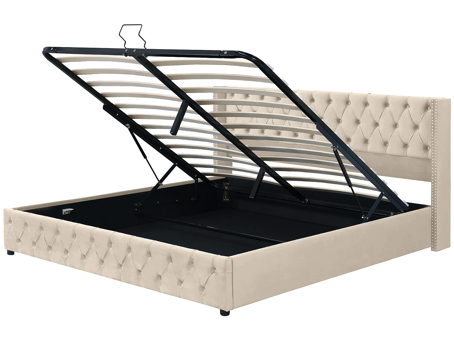 Cama de arrumação 160 x 200 cm, cama de casal estofada em veludo, decoração com rebites e botões, base de ripas, estilo Chesterfield, bege