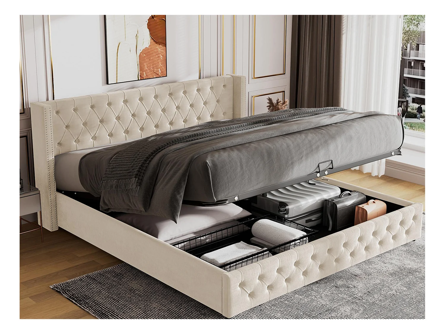 Lit coffre 160 x 200 cm, lit double rembourré en velours, décor avec rivets et boutons,  sommier à lattes, style chesterfield, beige