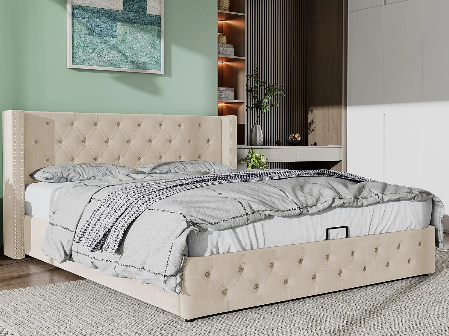 Opbergbed 160 x 200 cm, tweepersoonsbed bekleed met fluweel, decor met klinknagels en knopen, lattenbodem, Chesterfield-stijl, beige
