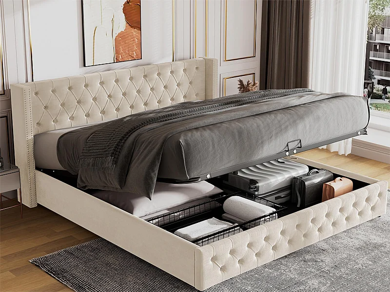 Opbergbed 160 x 200 cm, tweepersoonsbed bekleed met fluweel, decor met klinknagels en knopen, lattenbodem, Chesterfield-stijl, beige