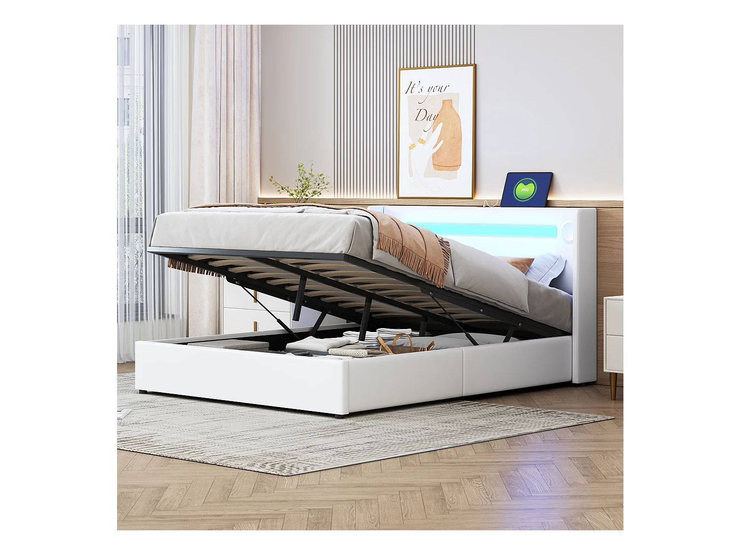 Lit coffre 140 x 200 cm - cuir PU - LEDs, bluetooth et prise USB - coloris blanc