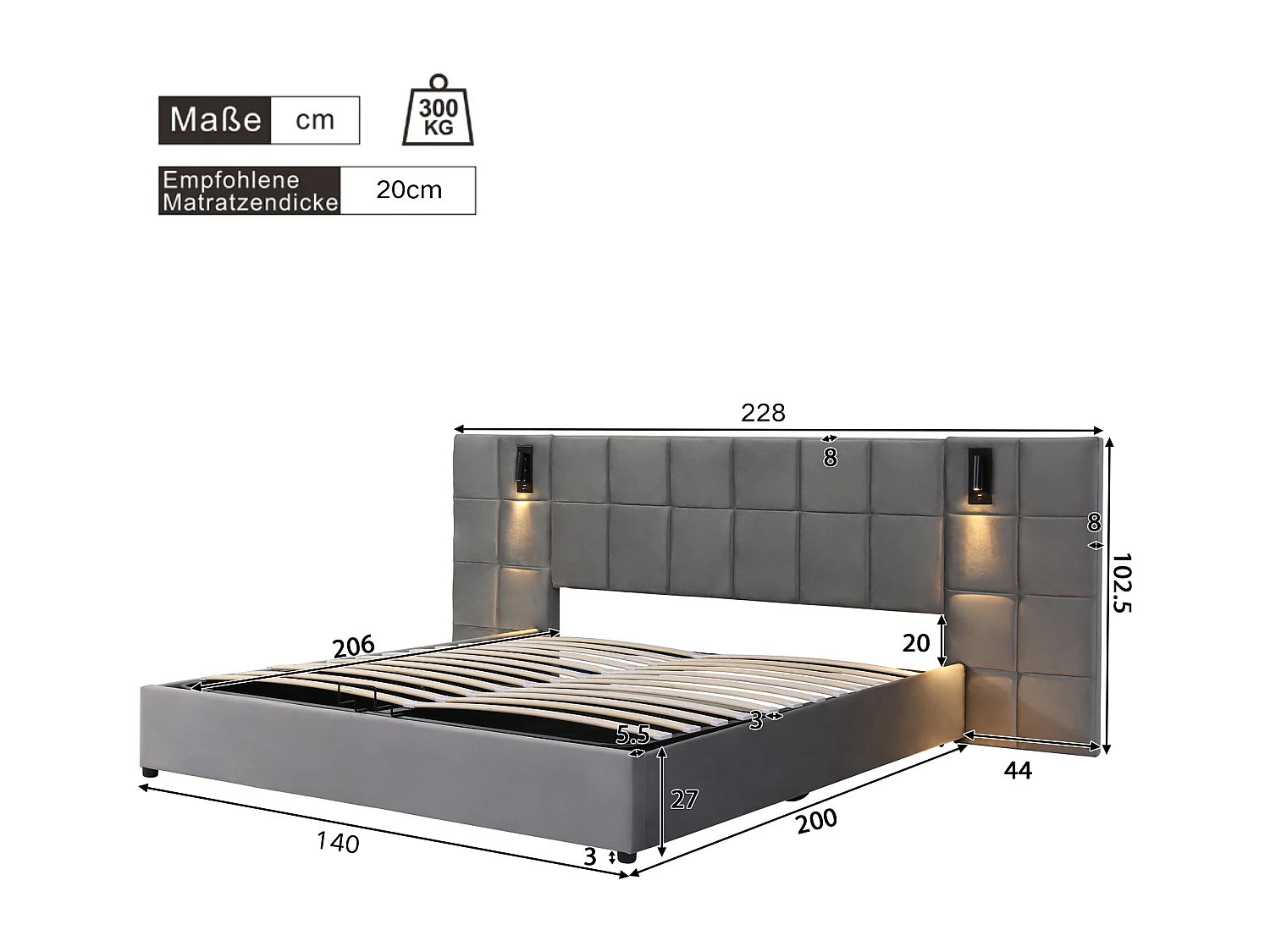 Cama com arrumação e cabeceira ajustável - 140 x 200 cm - veludo - com candeeiro ajustável e USB - cinzento