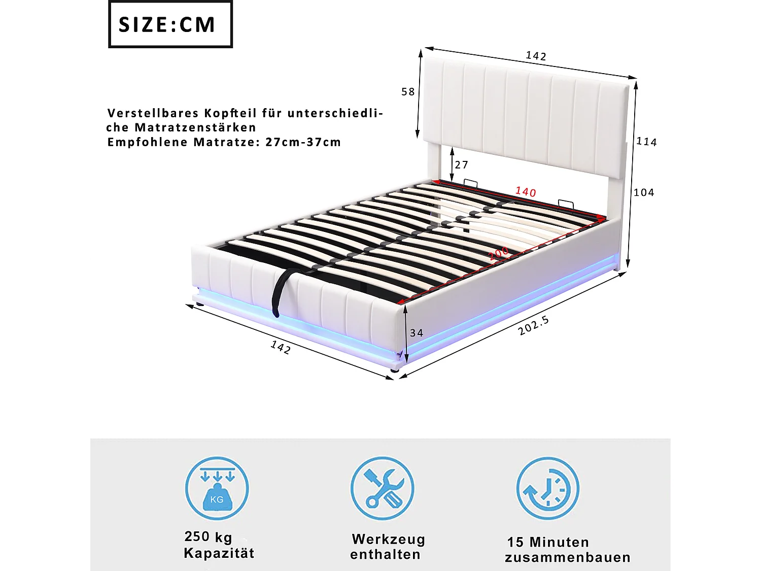 Letto contenitore con testiera regolabile - 140 x 200 cm - Pelle PU - LED - colore bianco