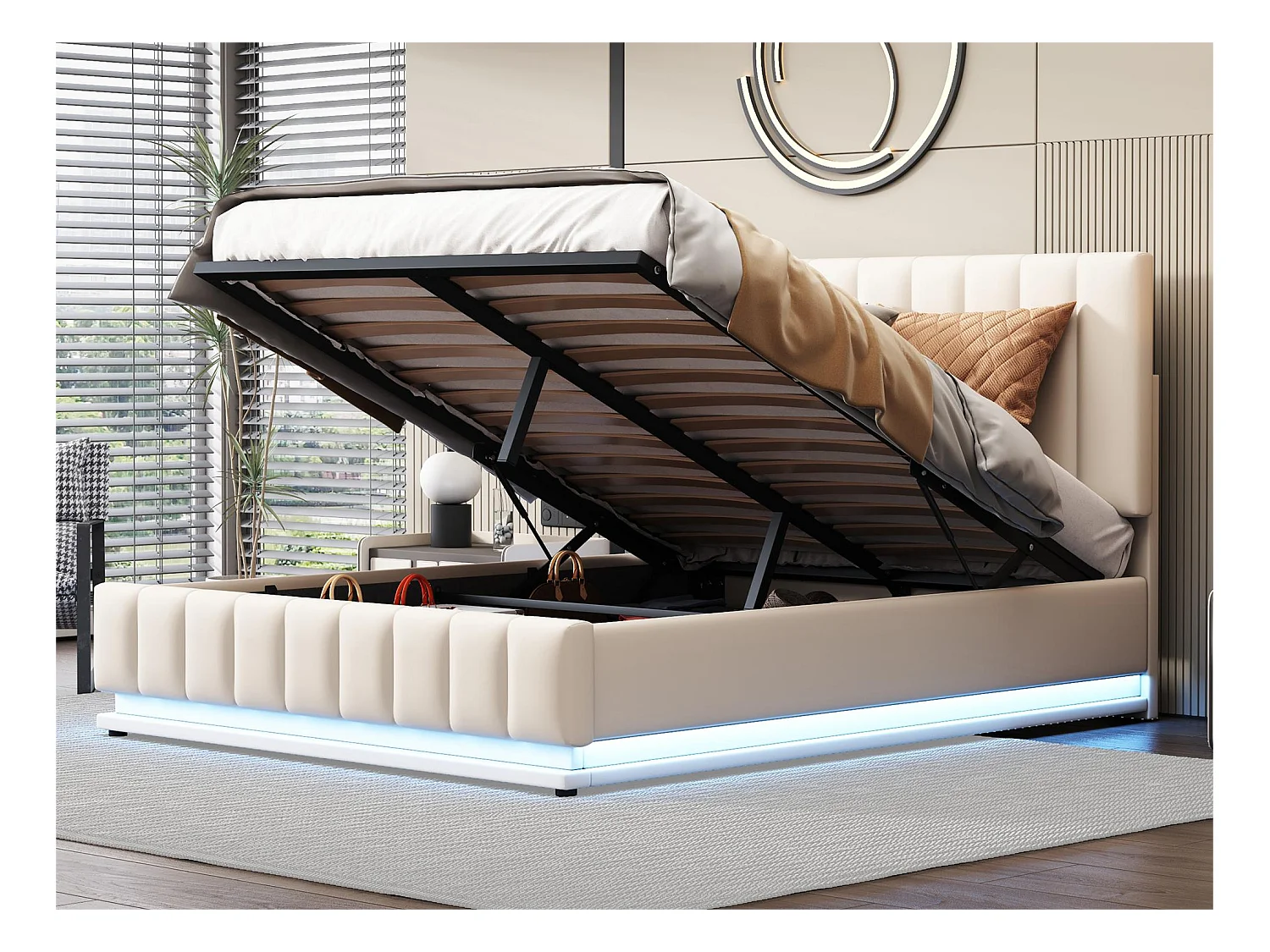 Lit coffre avec tête de lit réglable - 140 x 200 cm - cuir PU - LEDs - coloris blanc