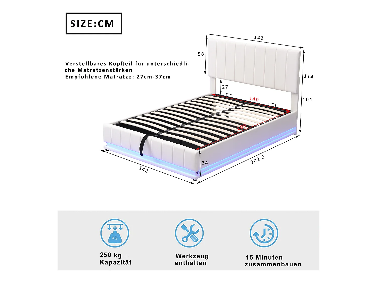 Lit coffre avec tête de lit réglable - 140 x 200 cm - cuir PU - LEDs - coloris blanc