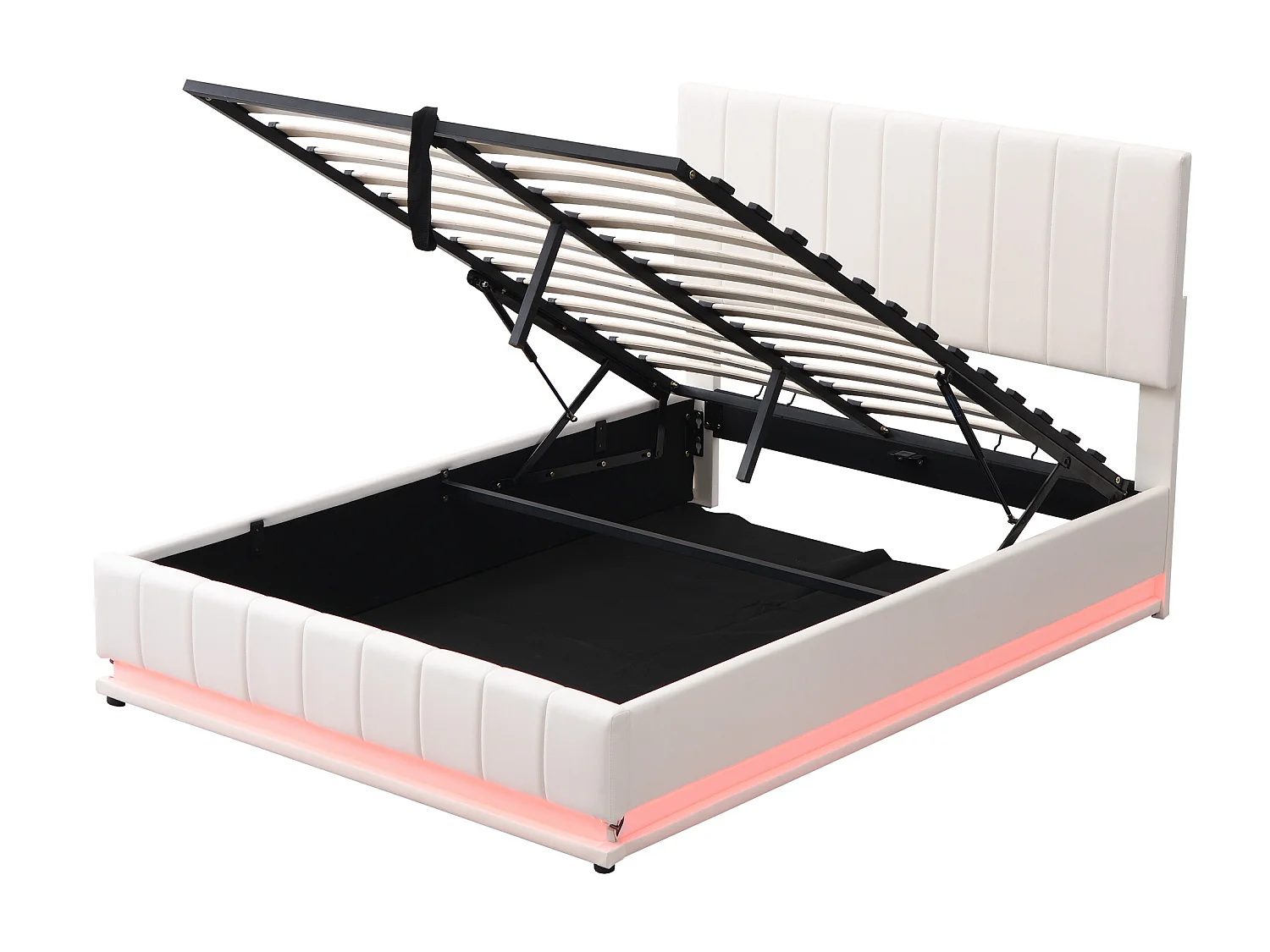 Lit coffre avec tête de lit réglable - 140 x 200 cm - cuir PU - LEDs - coloris blanc