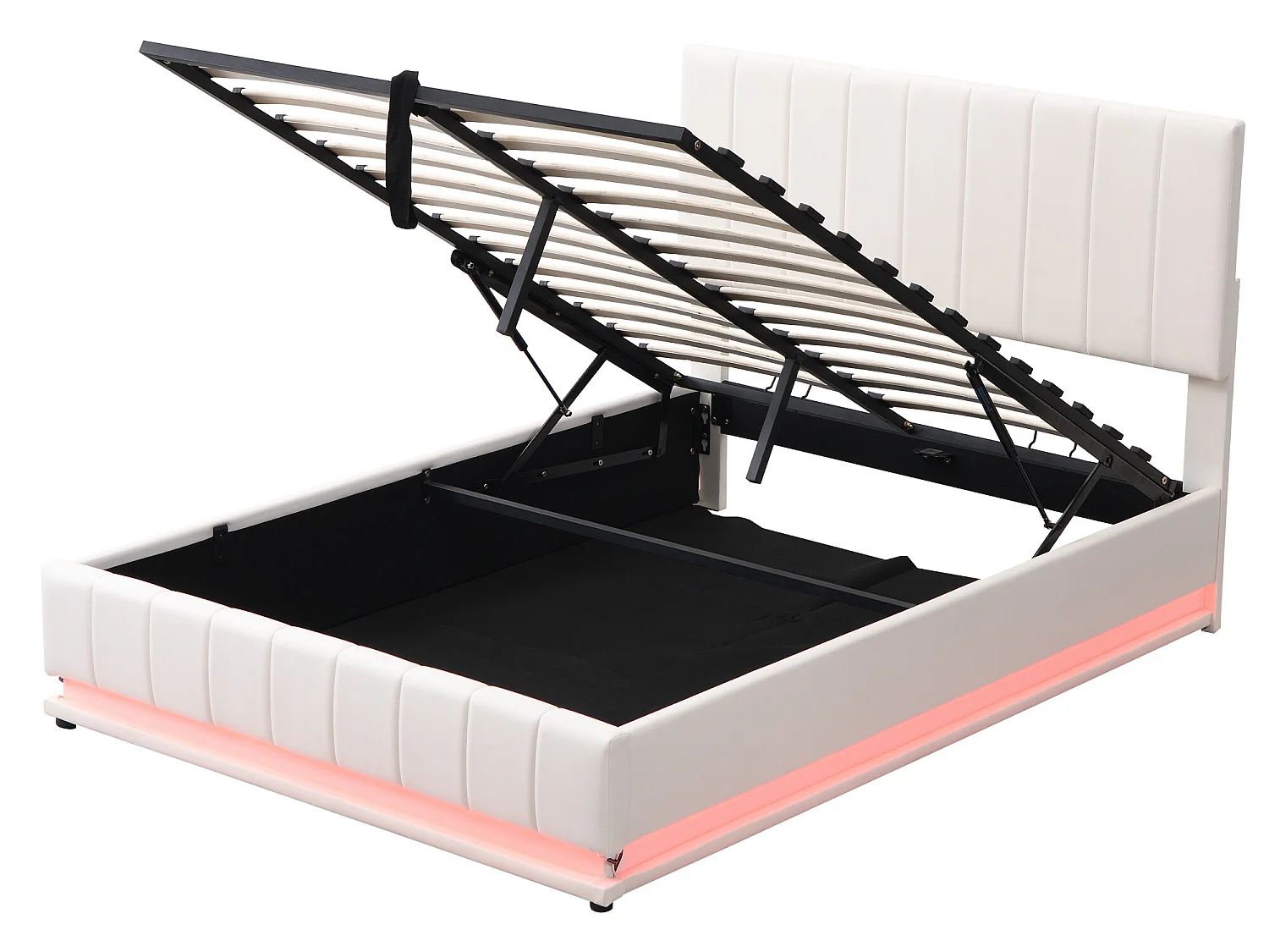 Lit coffre avec tête de lit réglable - 140 x 200 cm - cuir PU - LEDs - coloris blanc