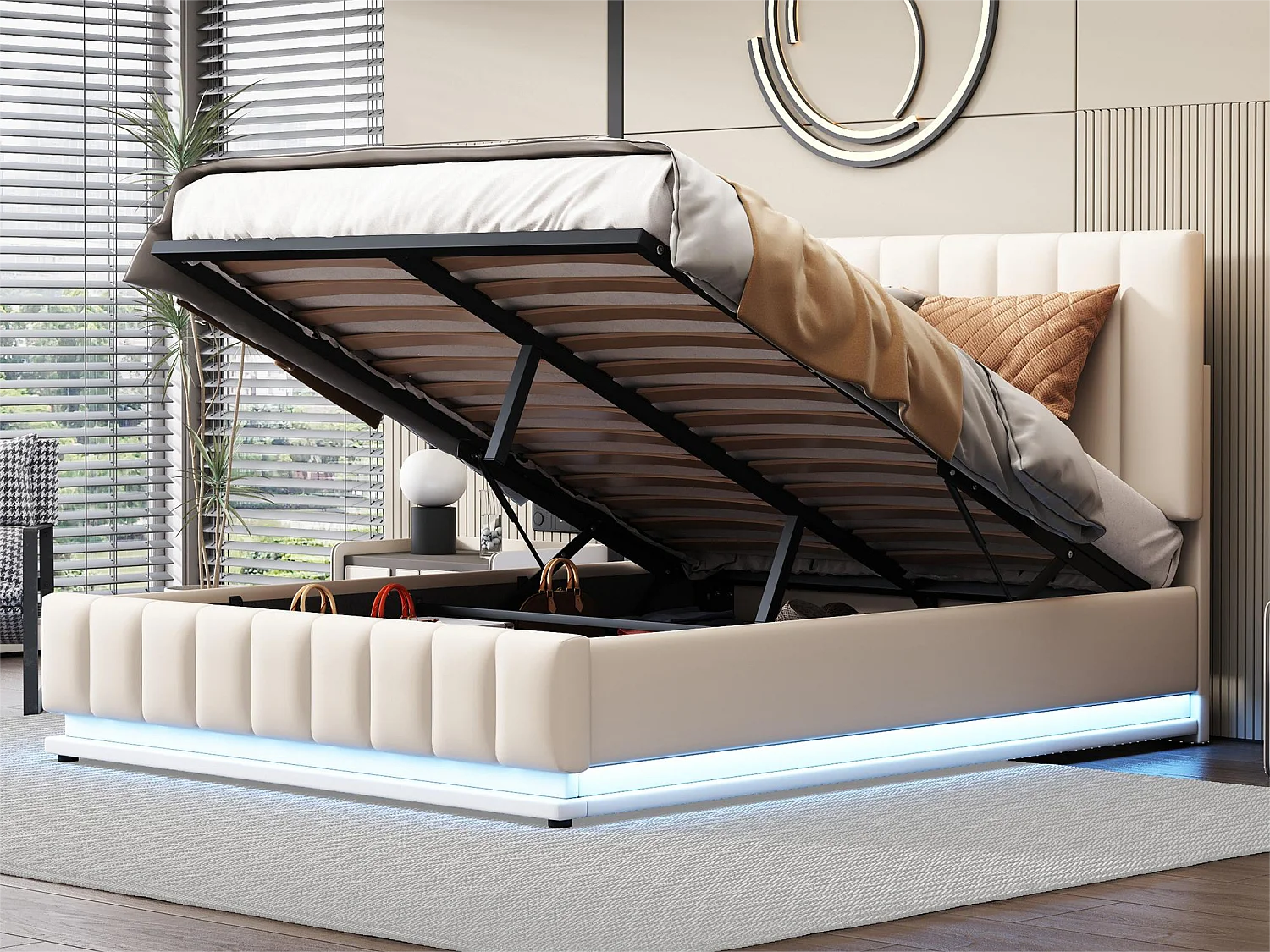 Cama de armazenamento com cabeceira ajustável - 140 x 200 cm - couro PU - LEDs - cor branca