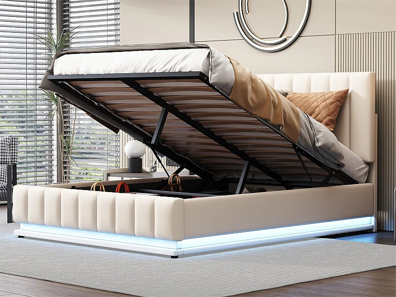 Lit coffre avec tête de lit réglable - 140 x 200 cm - cuir PU - LEDs - coloris blanc