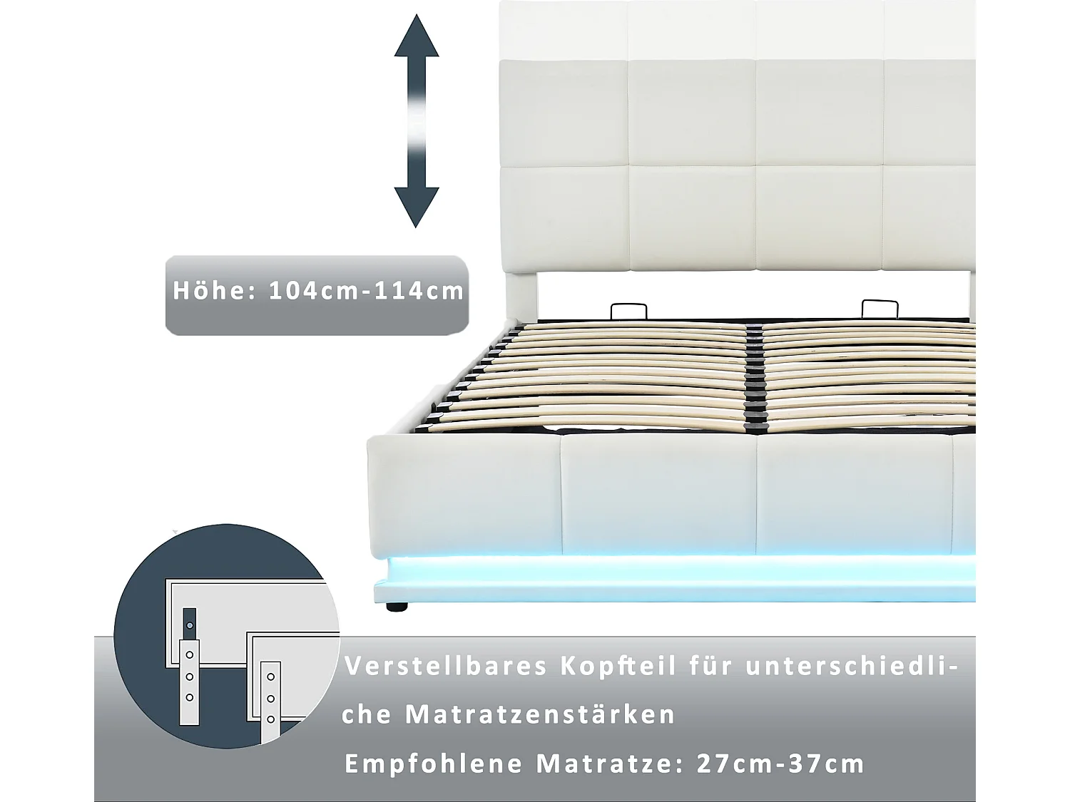 Lit coffre avec tête de lit réglable - 160 x 200 cm - cuir PU - LEDs - coloris blanc